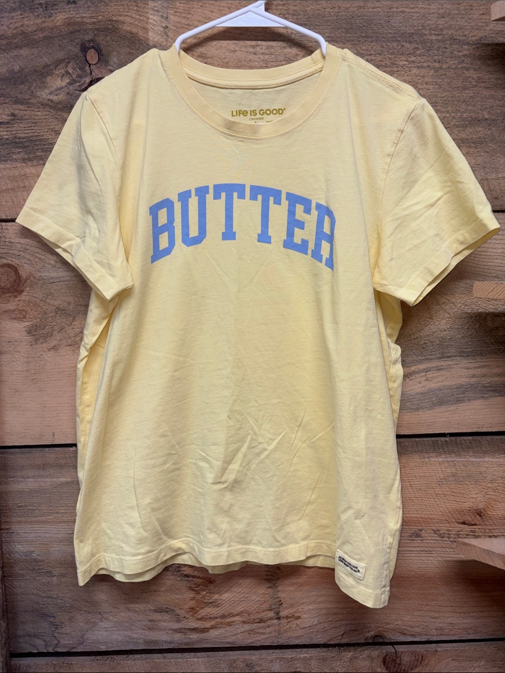 Life Is Good Butter Graphic Tee in Pale Yellow with Light Blue Print